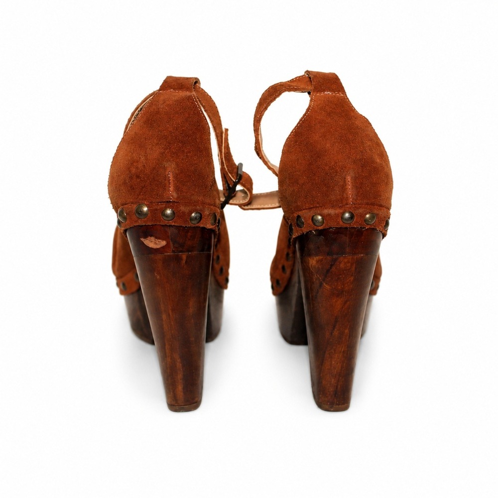 Sole Child Rose Suede Platform Sandals Womens 6.5 Brown Studded Wood Block Heel - Picture 4 of 5